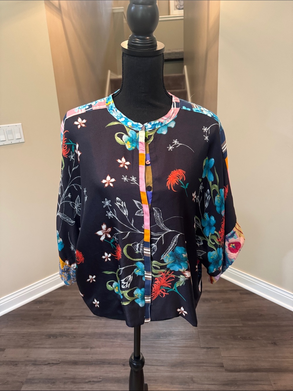 Johnny Was Embroidered Floral Label Blouse in Black, Pink, Blue, Yellow